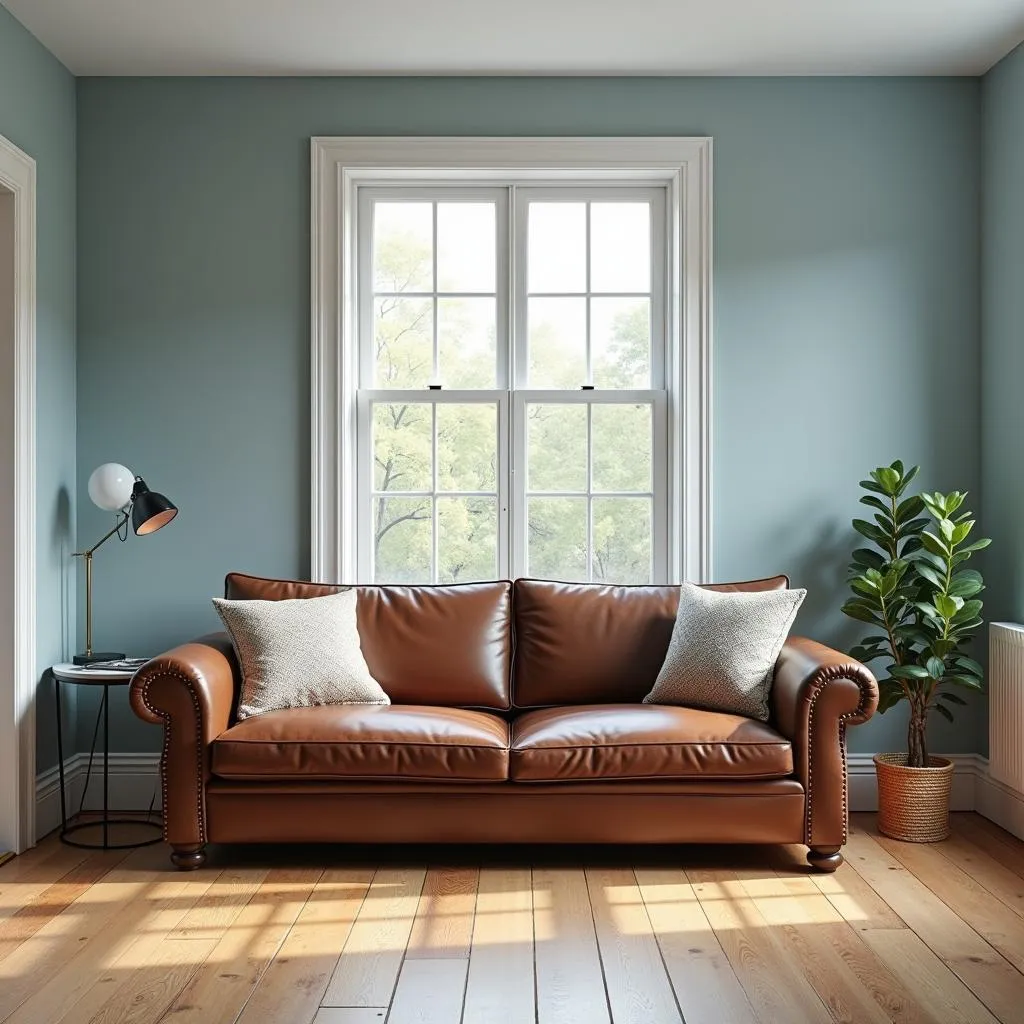 Blue living room with brown sofa