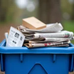 Blue recycling bin overflowing with paper and cardboard