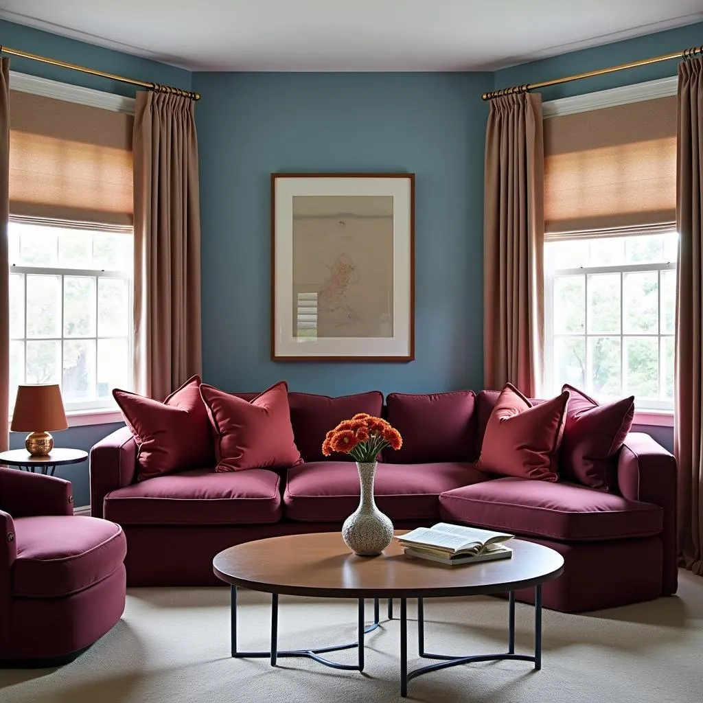 Living room with blue walls and red accents