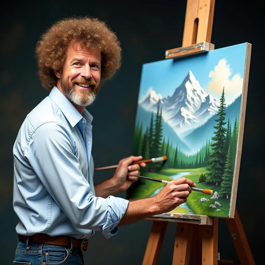 Bob Ross demonstrating his wet-on-wet technique while painting a mountain landscape