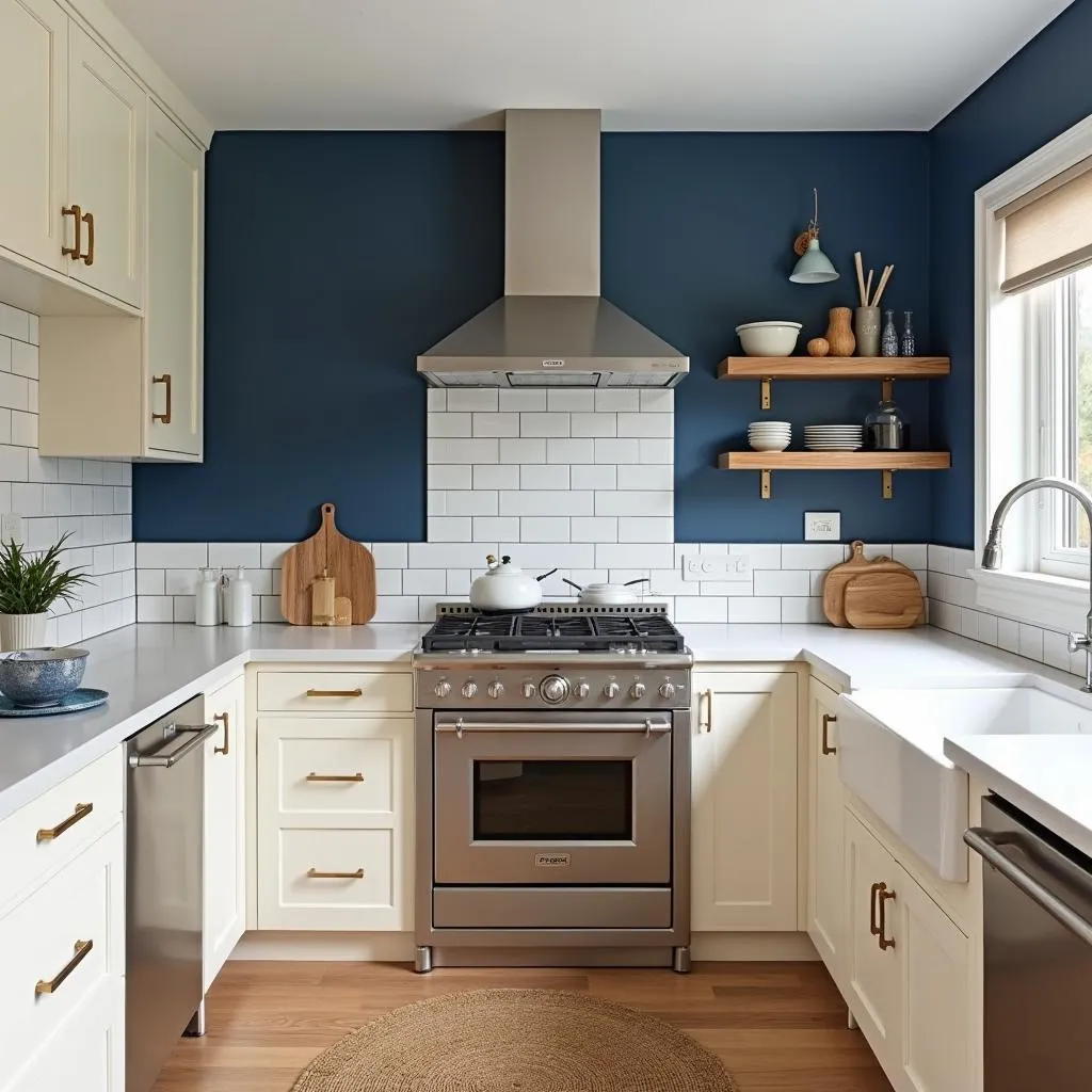 Kitchen with navy blue accent wall and cream cabinets