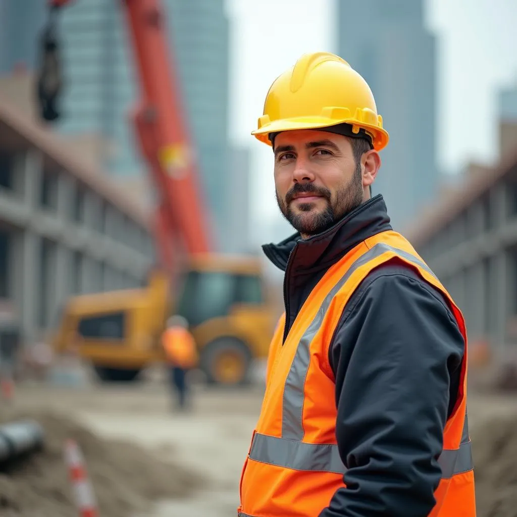 Construction worker wearing bright yellow hard hat