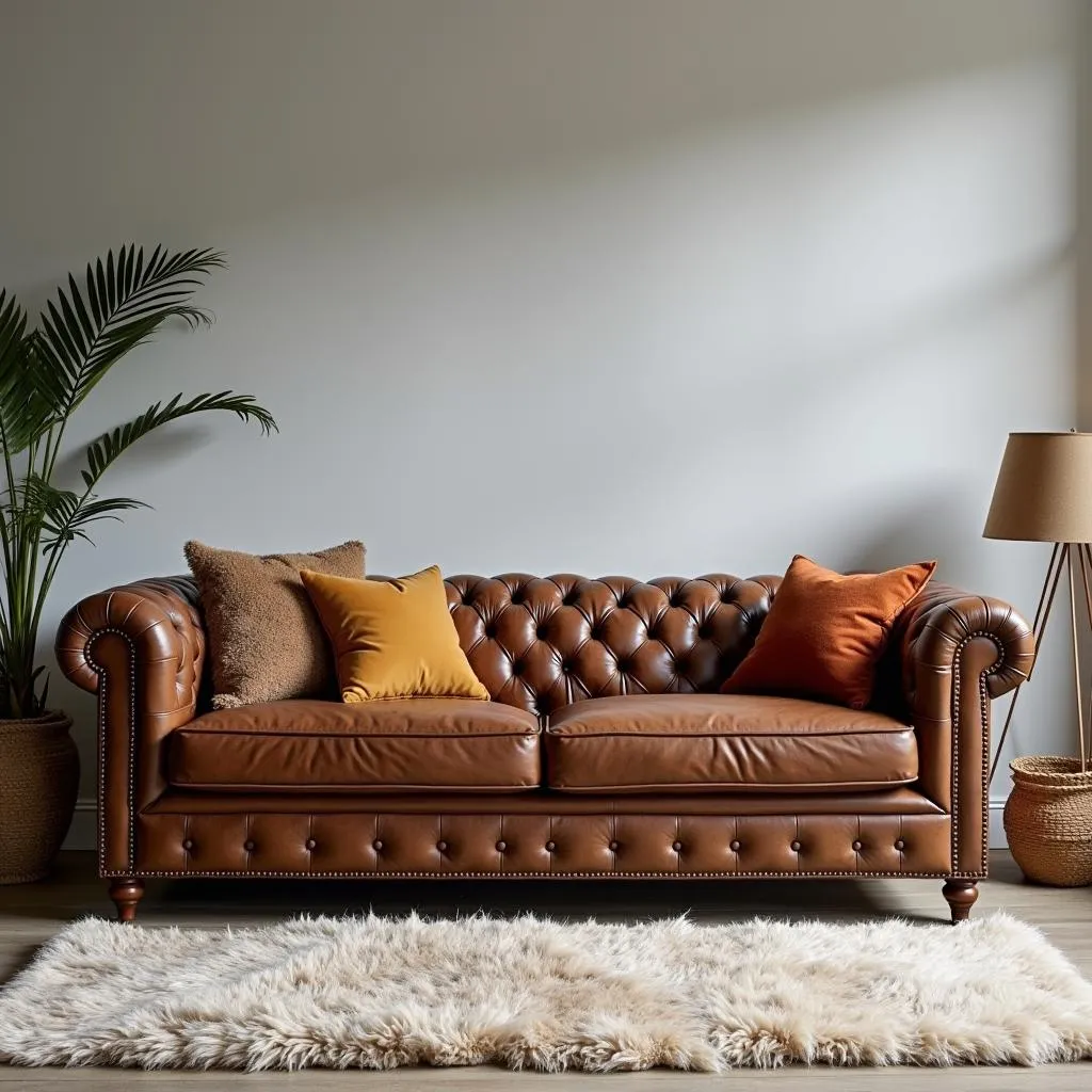 Brown leather sofa with grey wall