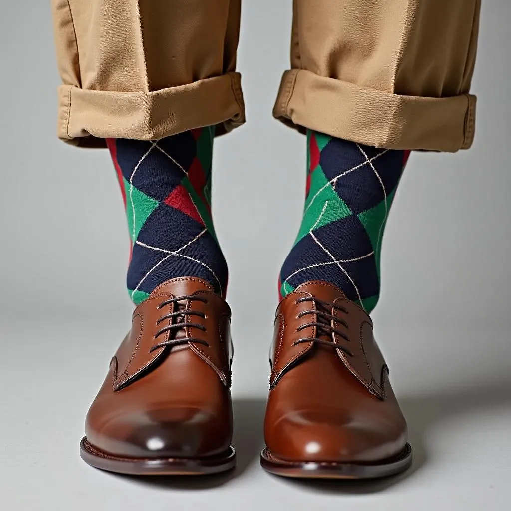 Close up of argyle socks with brown shoes and khakis