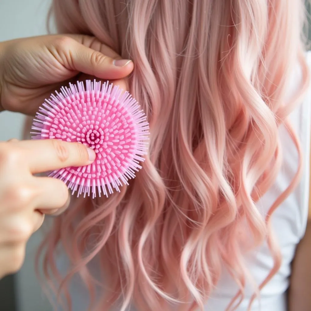 Brushing pink hair extensions 