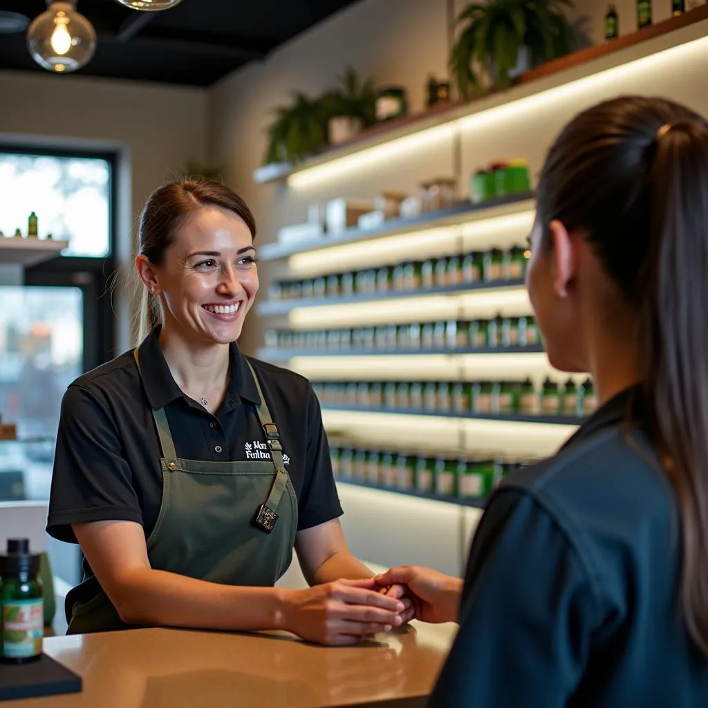 Budtender assisting a customer in a dispensary