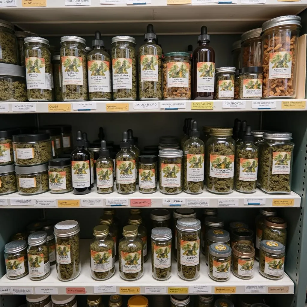 Various cannabis products displayed in a dispensary