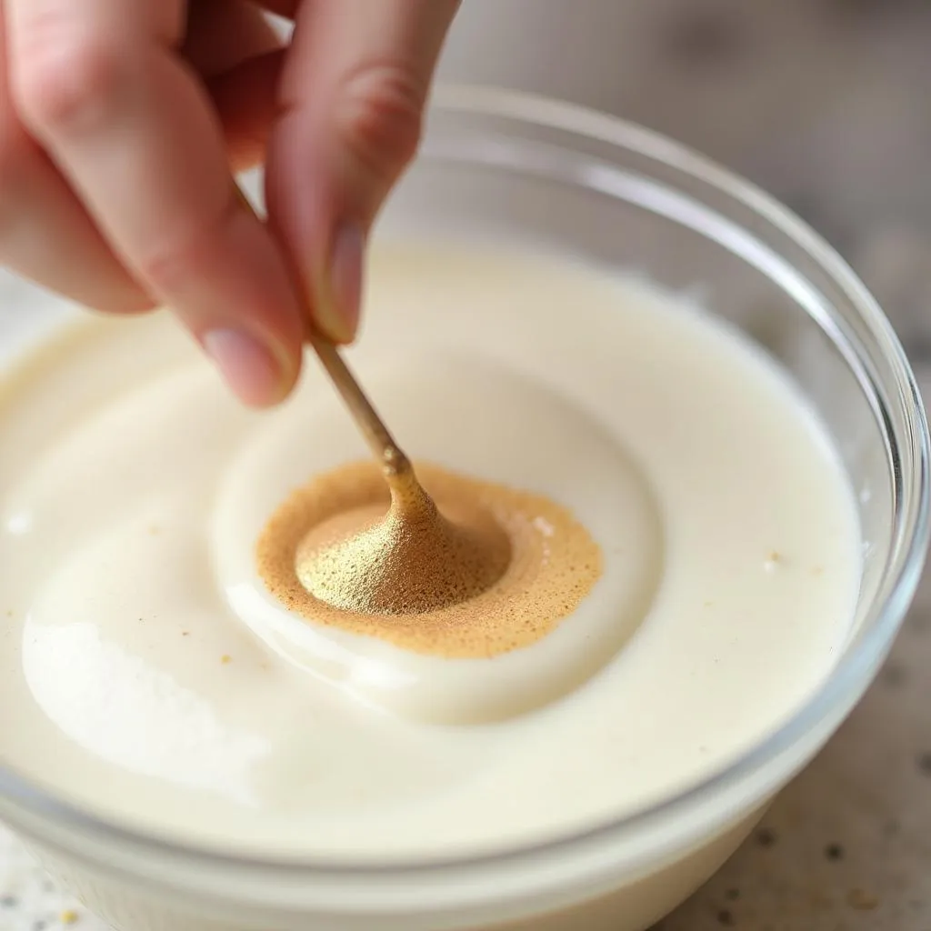 Mixing gold and brown food coloring into white icing