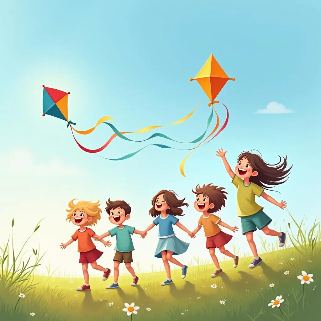 Children Playing with Kites on a Windy Day