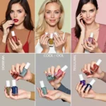 Women choosing nail polish colors to complement various skin tones.