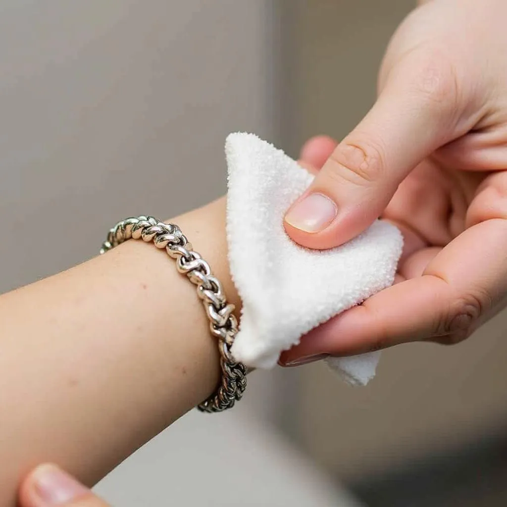 Cleaning a tarnished silver bracelet with a polishing cloth