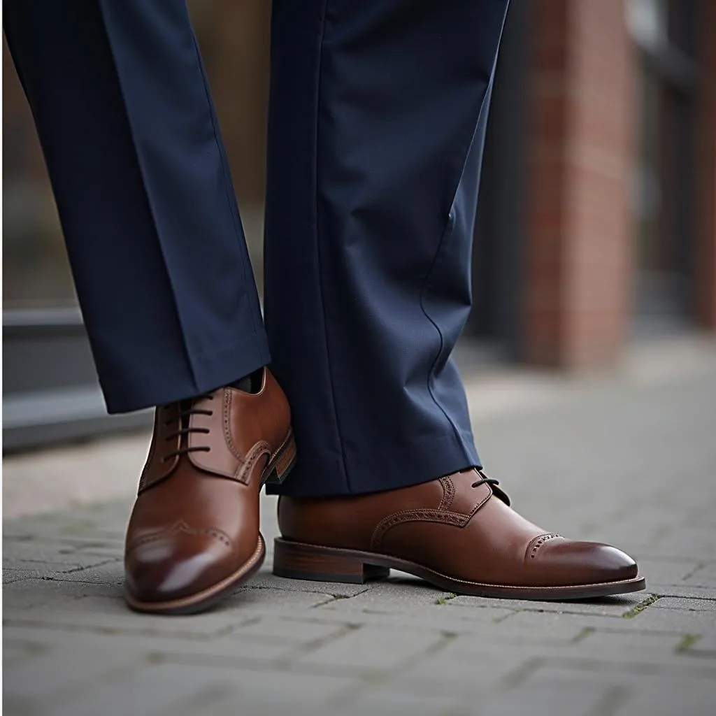 Man in Navy Blue Pants and Brown Shoes Detail