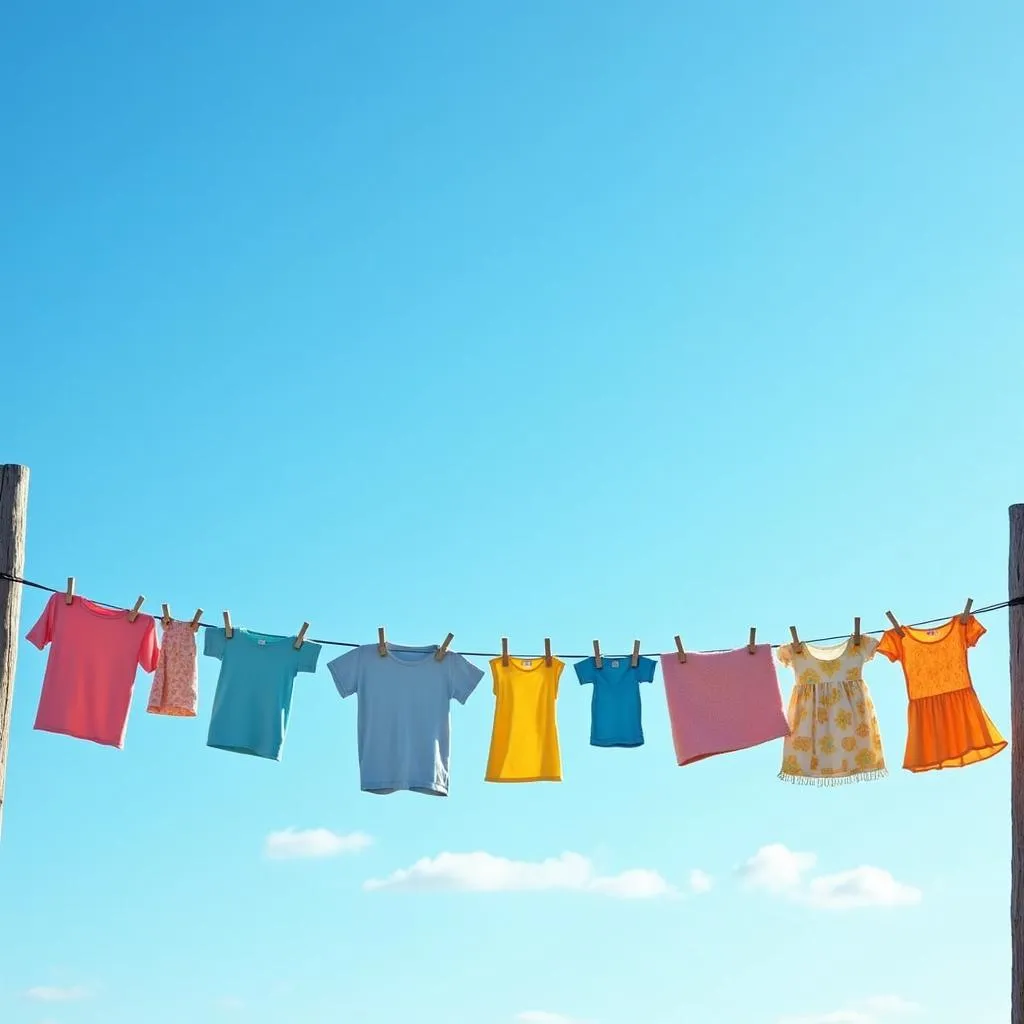 Colorful clothes hanging on a clothesline to dry outdoors