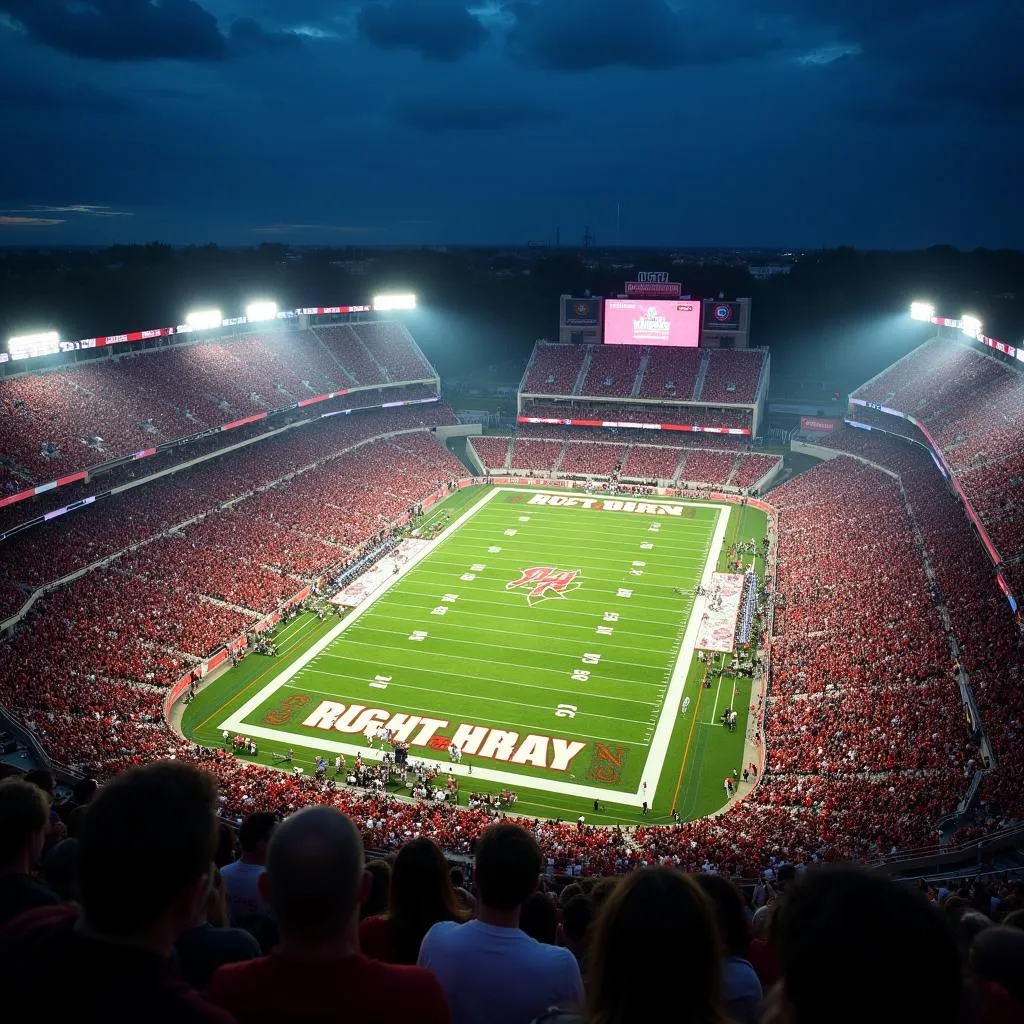 Aerial view of a college football stadium during a game