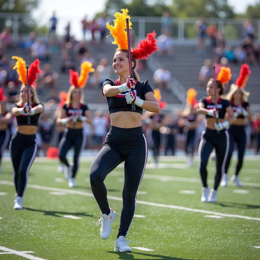 High school color guard team performing with flags