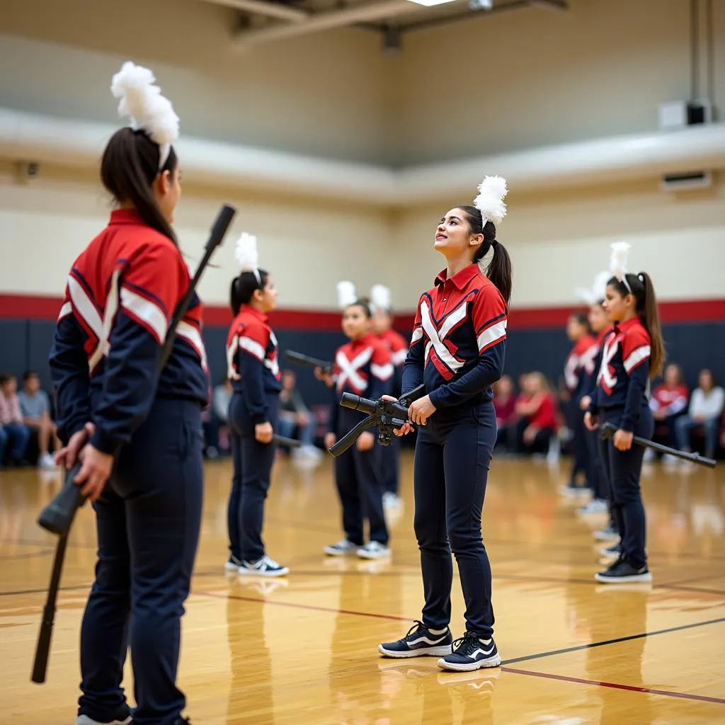 Color guard team practicing with rifles