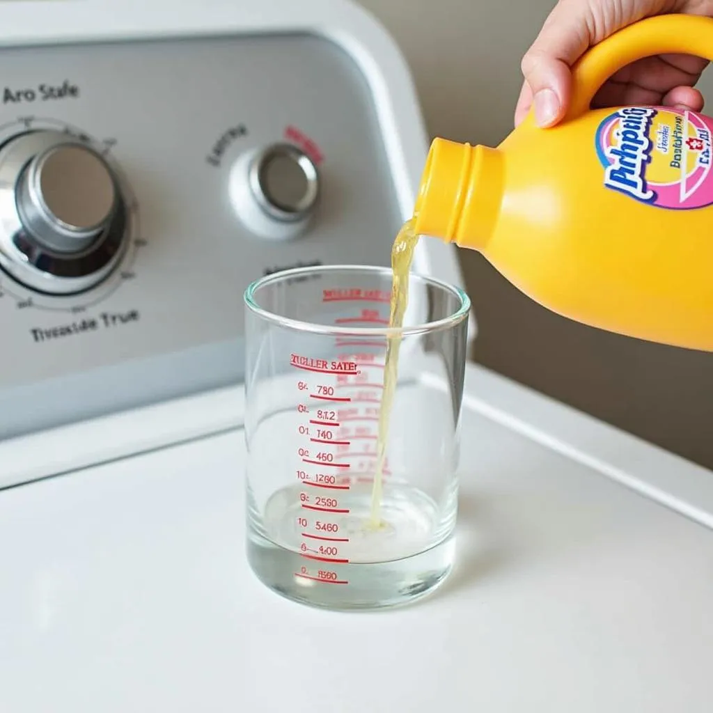 Pouring color-safe detergent into a measuring cup