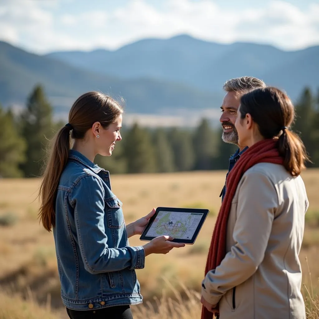 Real estate agent explaining property lines to clients