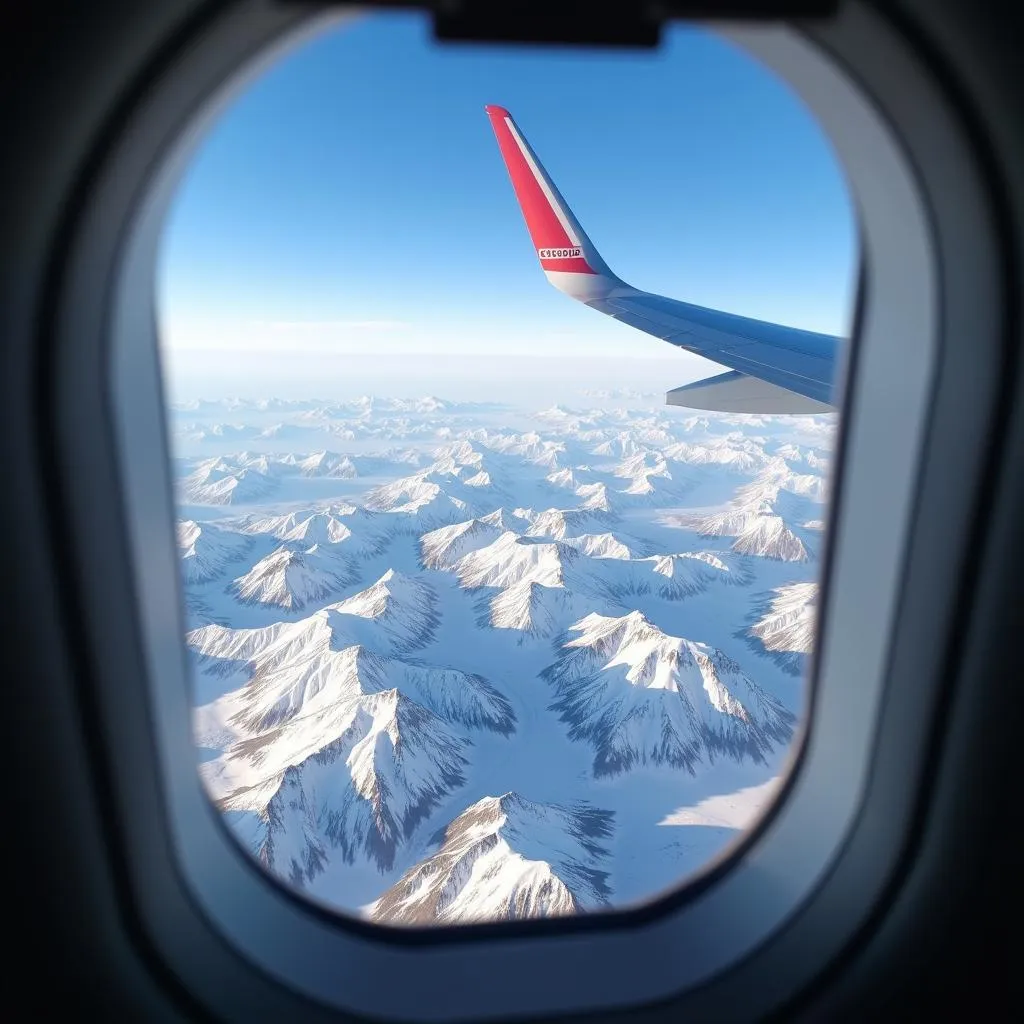 View of the Rocky Mountains from an airplane window