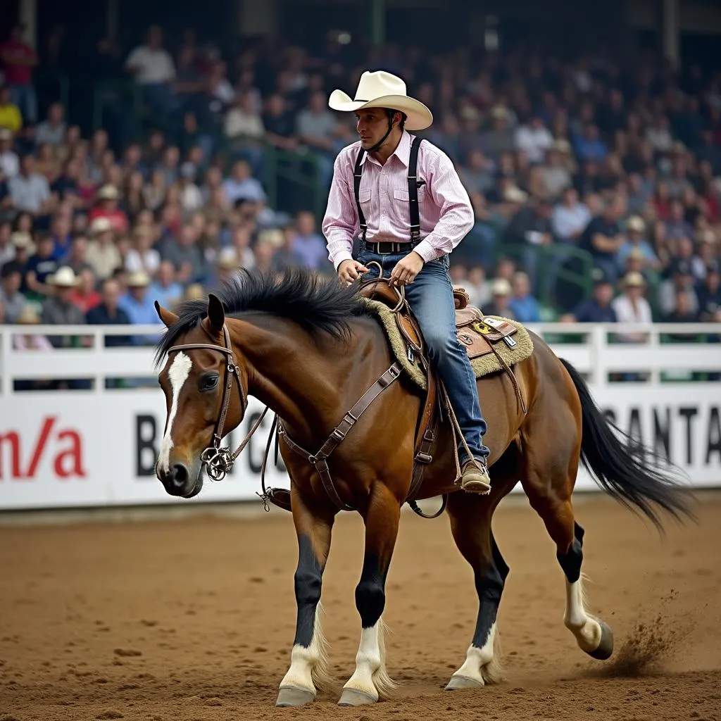 Cowboy riding a bucking bronco at a rodeo