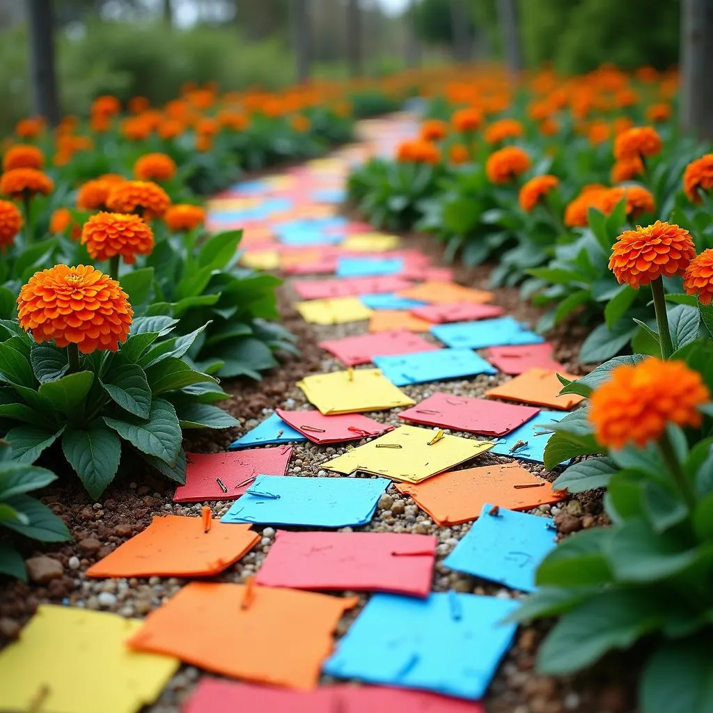 Colorful Cardboard Path in a Garden