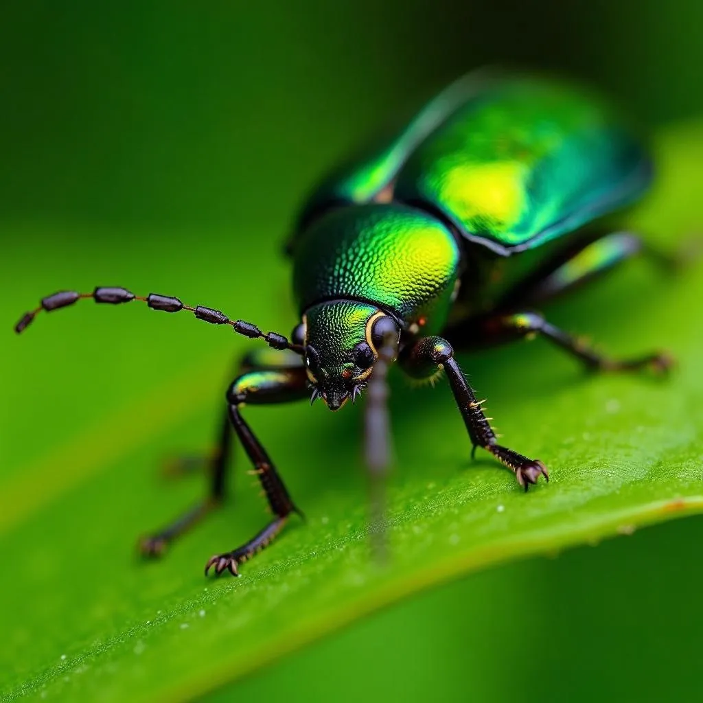 Metallic green beetle resting on a vibrant green leaf