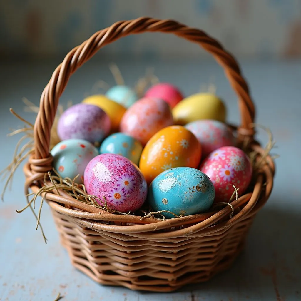 Colorful Dyed Easter Eggs in a Basket