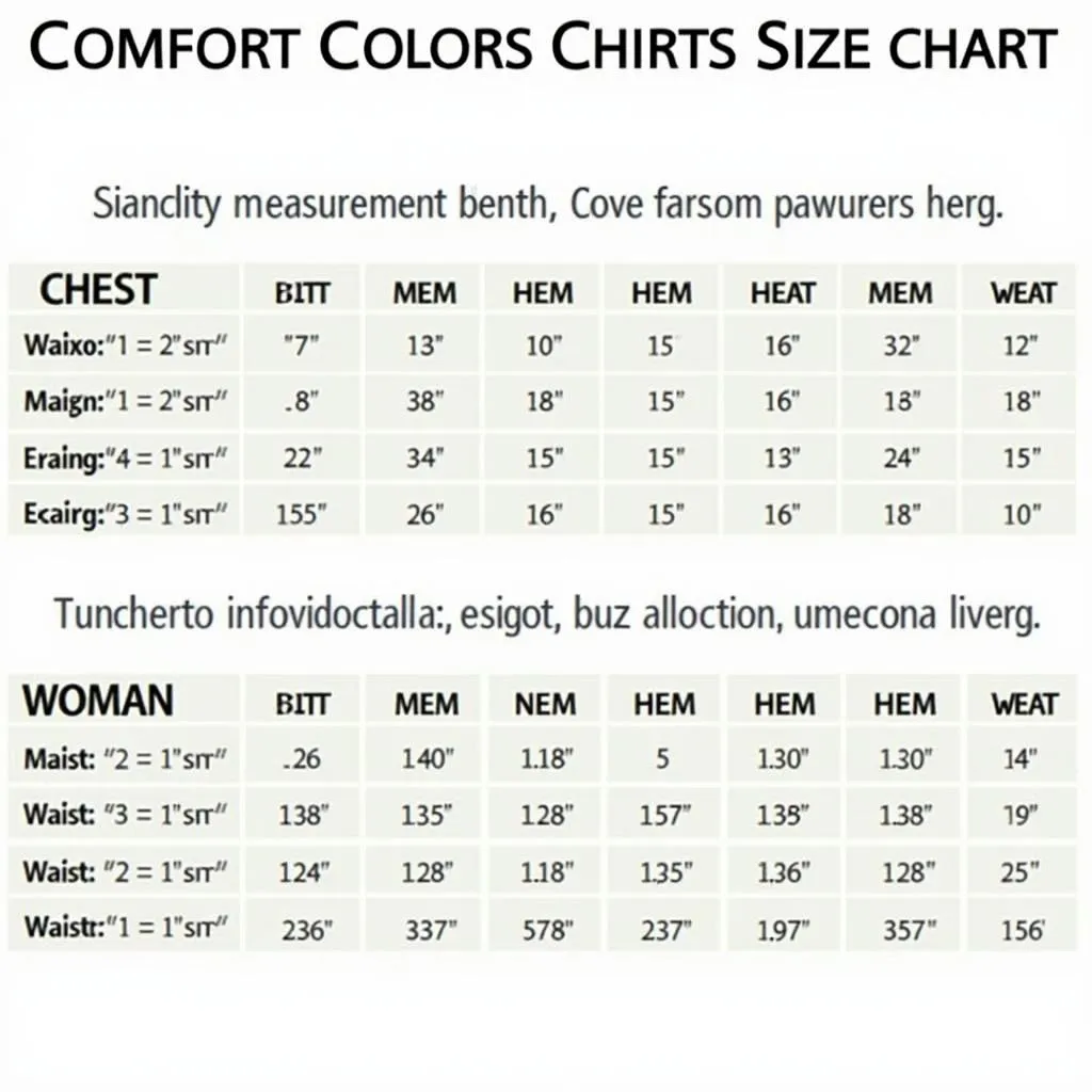 Comfort Colors Size Chart for Men and Women