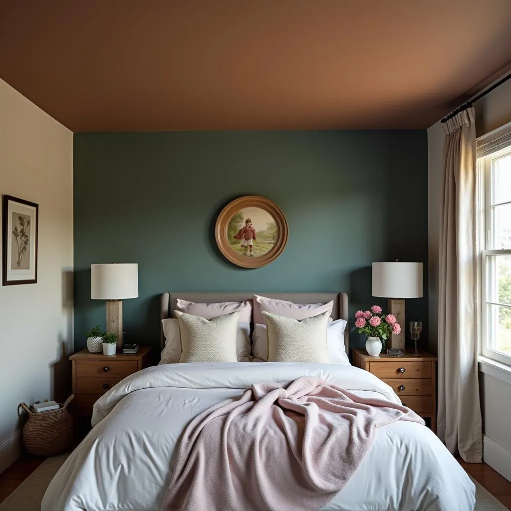 Bedroom with a contrasting ceiling color - a darker hue than the walls