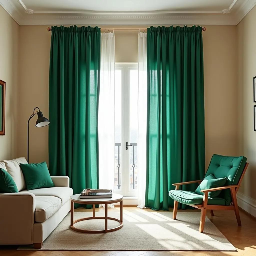 Contrasting drapes against neutral walls in a living room