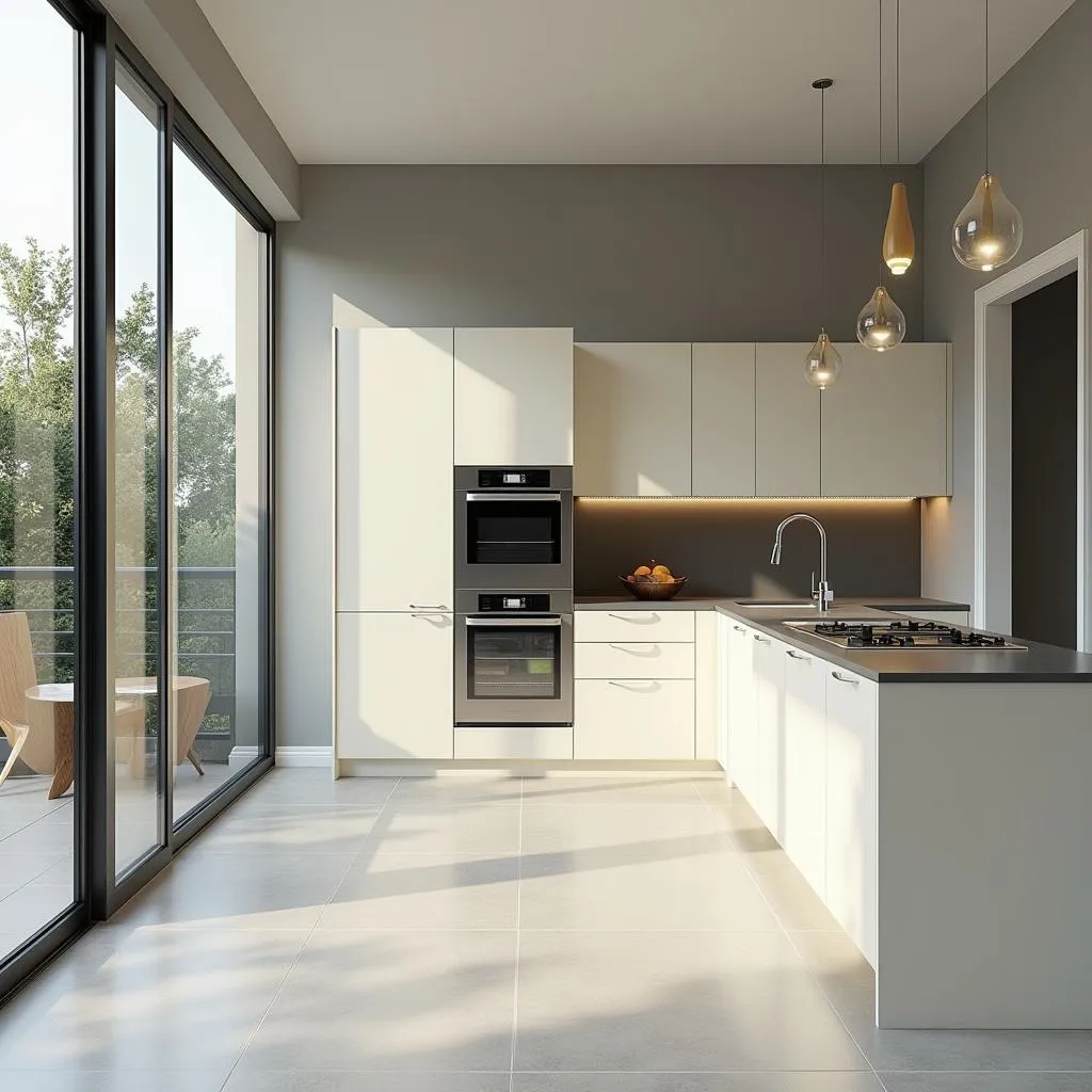 Modern kitchen with light gray walls and cream cabinets