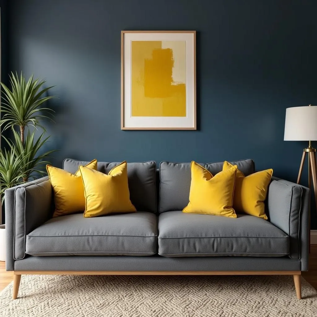 Dark Blue Living Room with Mustard Yellow Accents