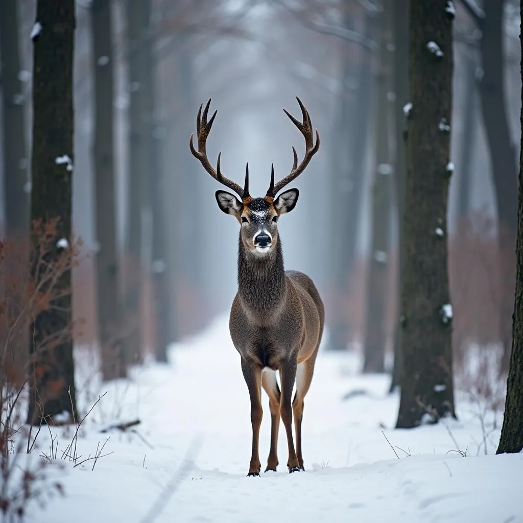 Deer camouflaged in winter forest