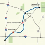 Map showing the route from Denver Airport to Aurora Colorado