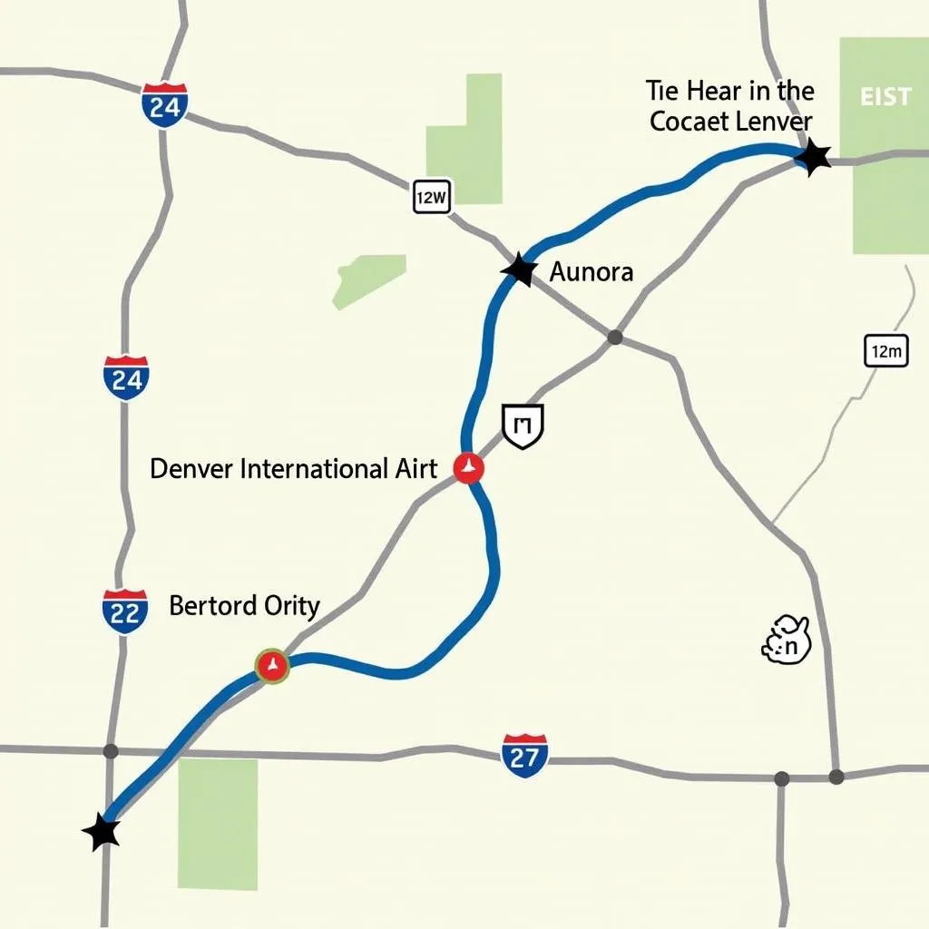 Map showing the route from Denver Airport to Aurora Colorado