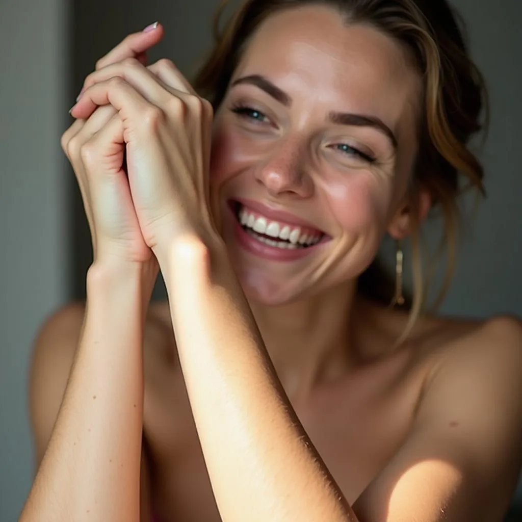 Woman holding her wrist up to the light to determine her skin tone