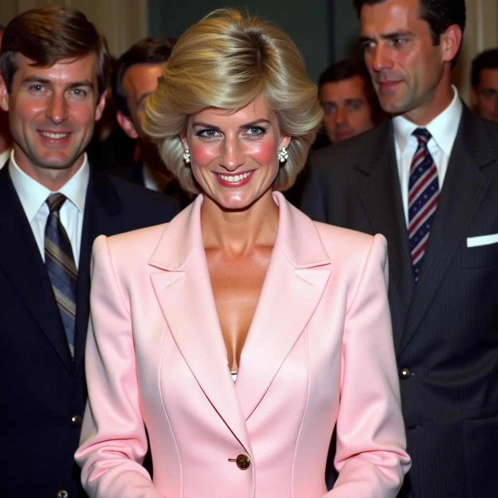 Princess Diana elegantly dressed in a light pink suit during a charity event