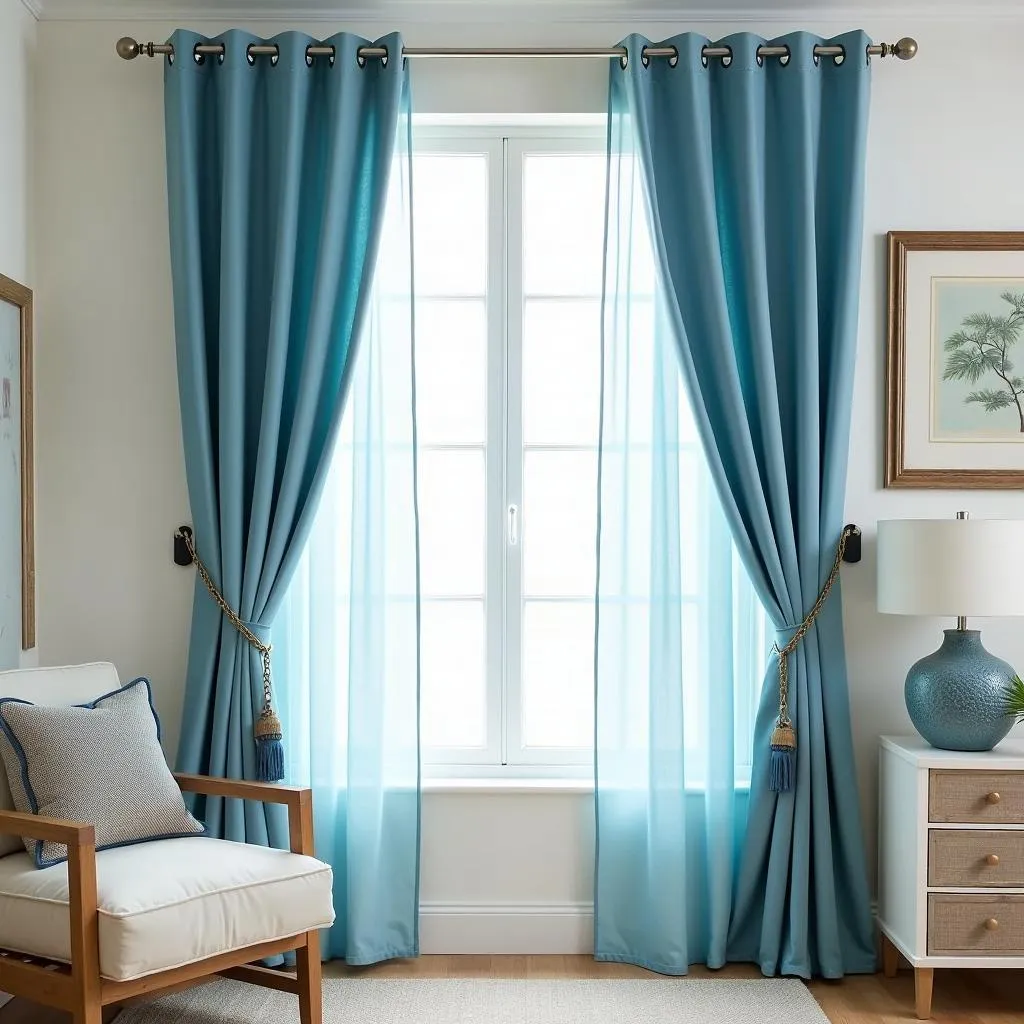 Different colored drapes in a living room with a unifying color scheme