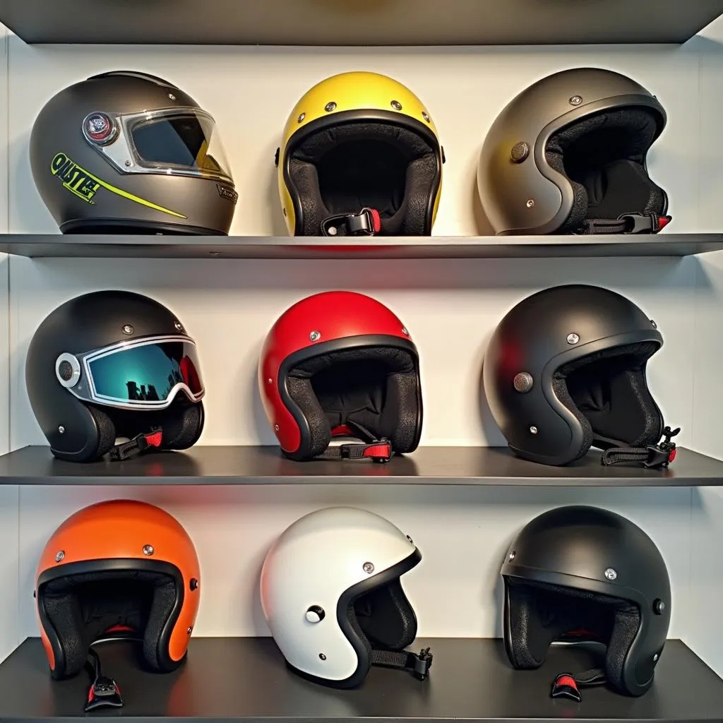 Display of helmets in various colors