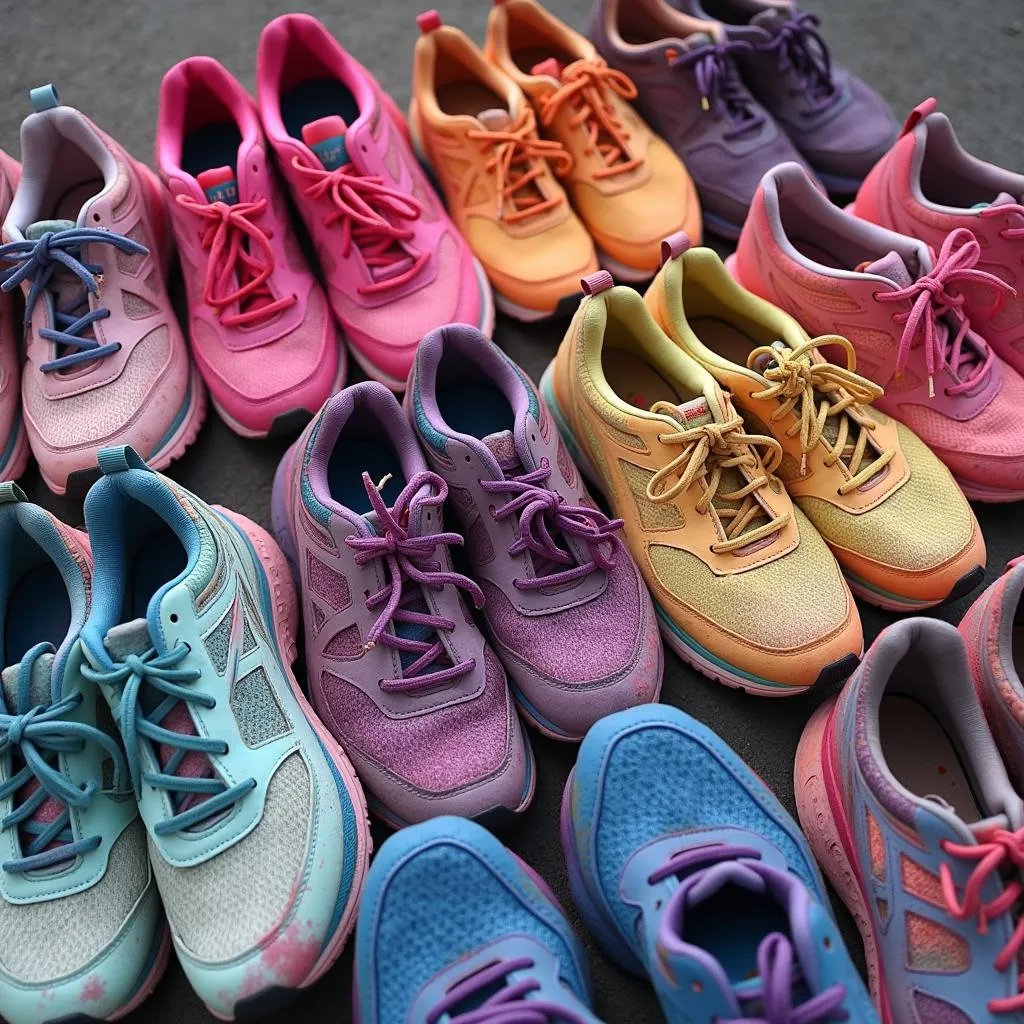 Variety of colorful running shoes after a Color Run