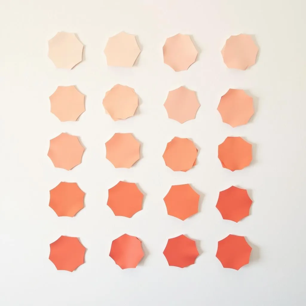 Different shades of peach paint swatches on a wall