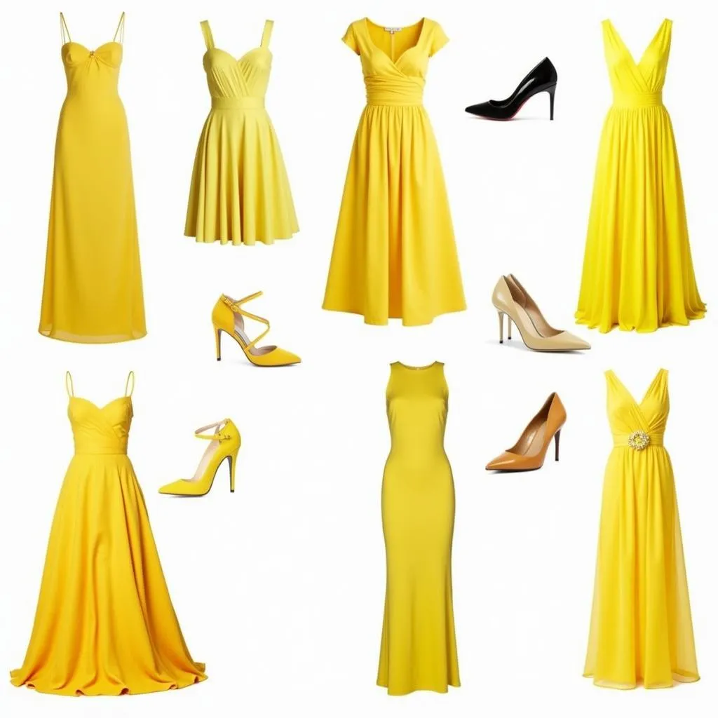 Different yellow dress styles and shoe pairings