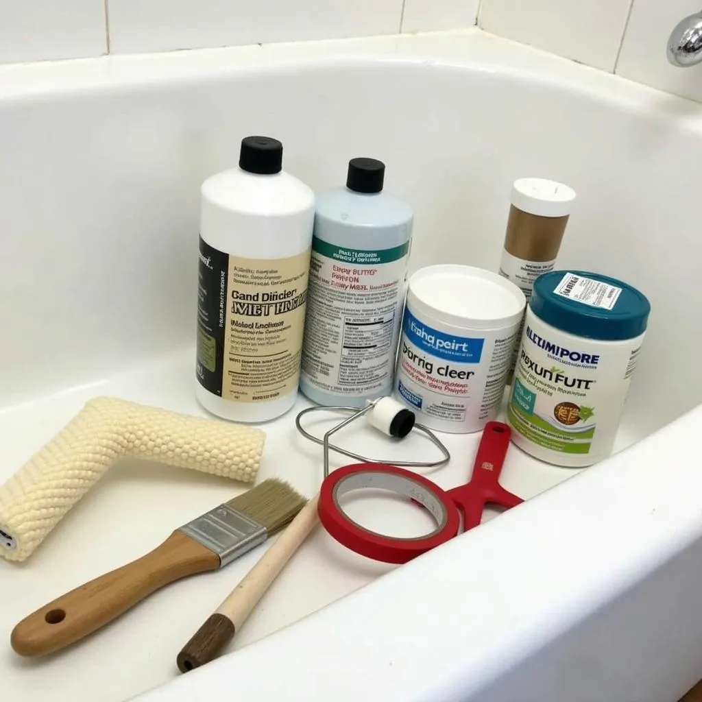 DIY bathtub refinishing supplies laid out on a table