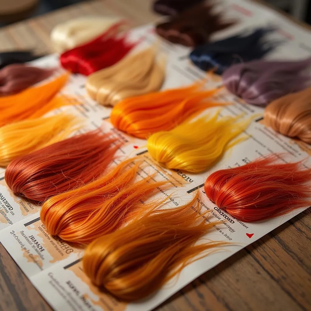 Various hair dye color swatches laid out on a table