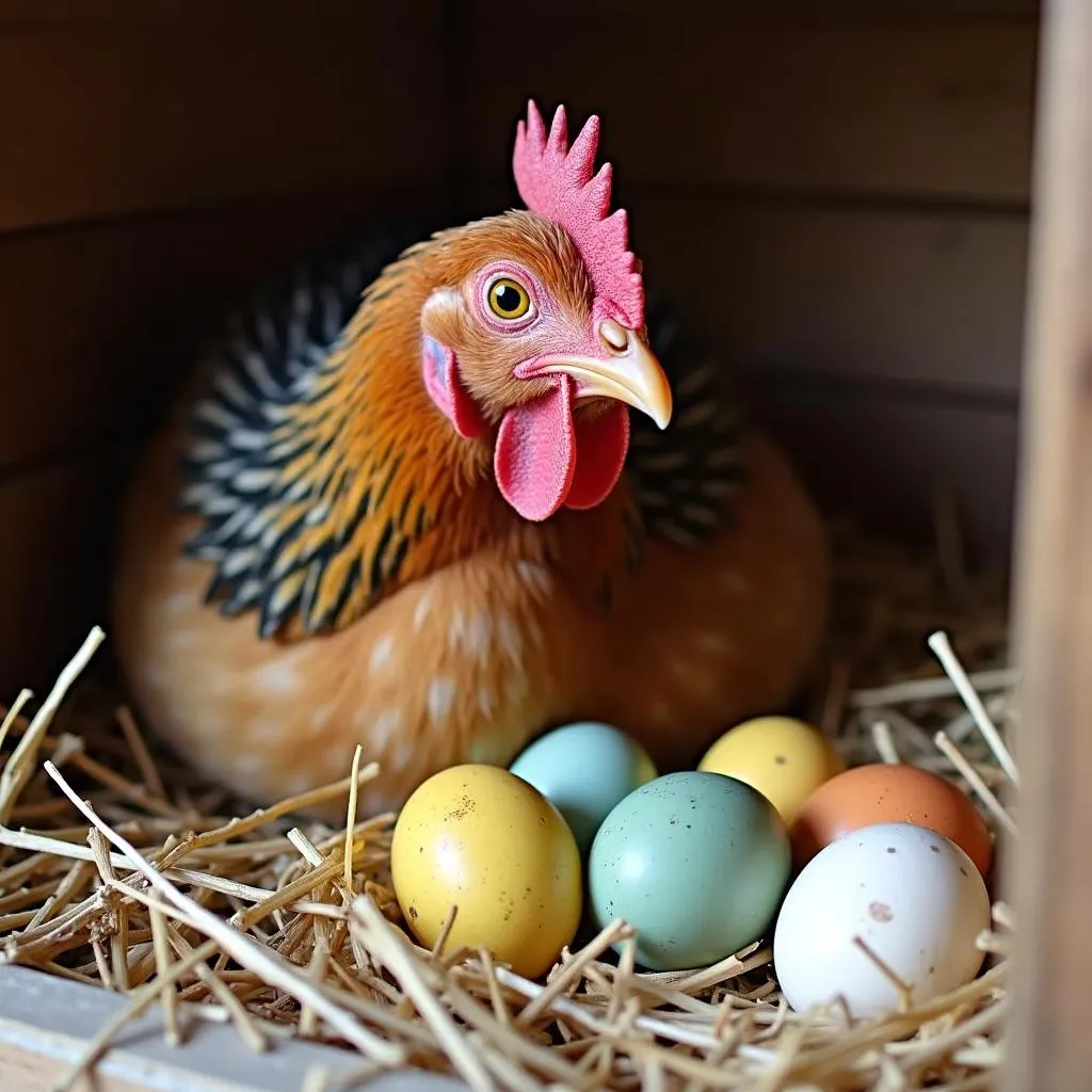 Easter Egger chicken laying eggs in nesting box