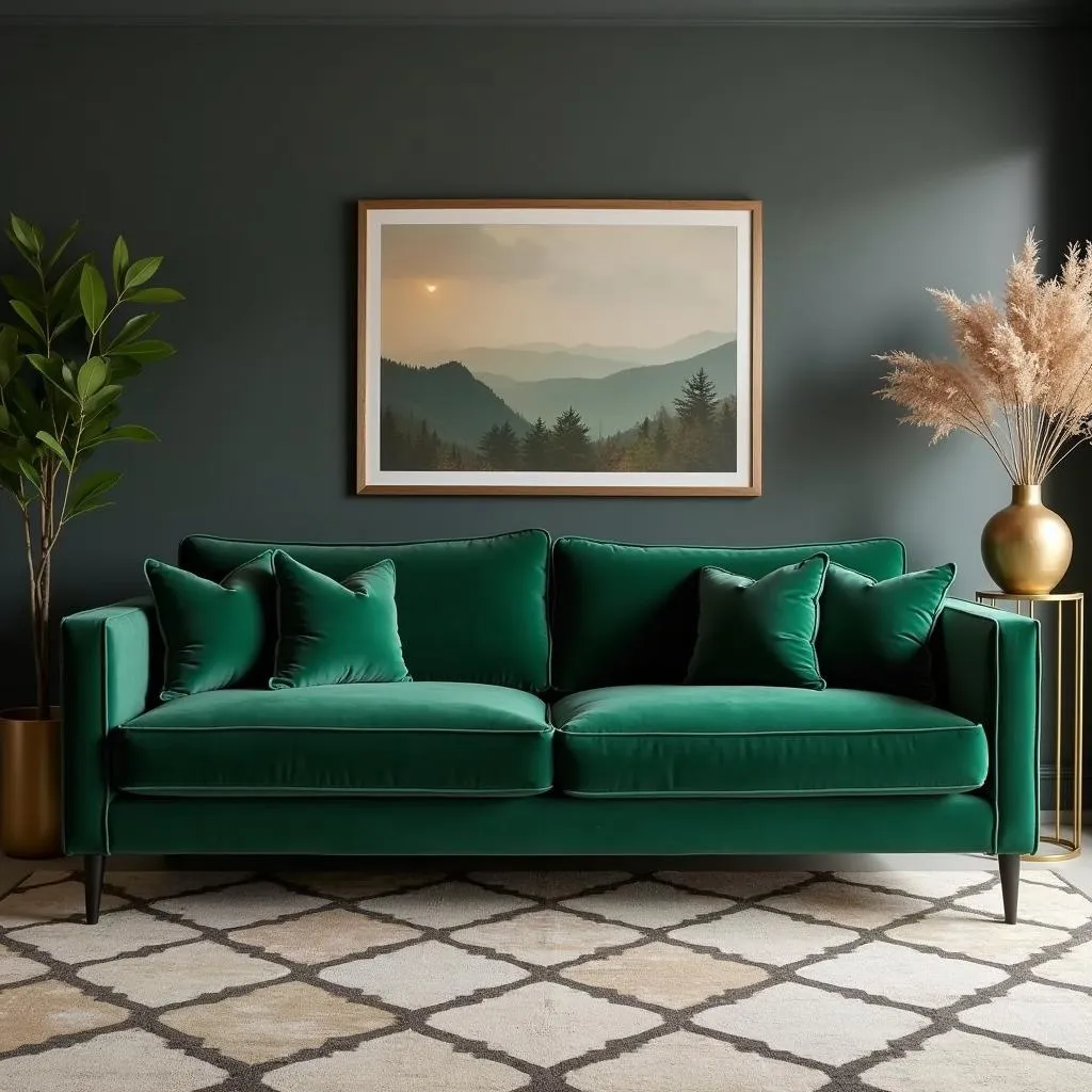 Emerald green velvet sofa with grey wall