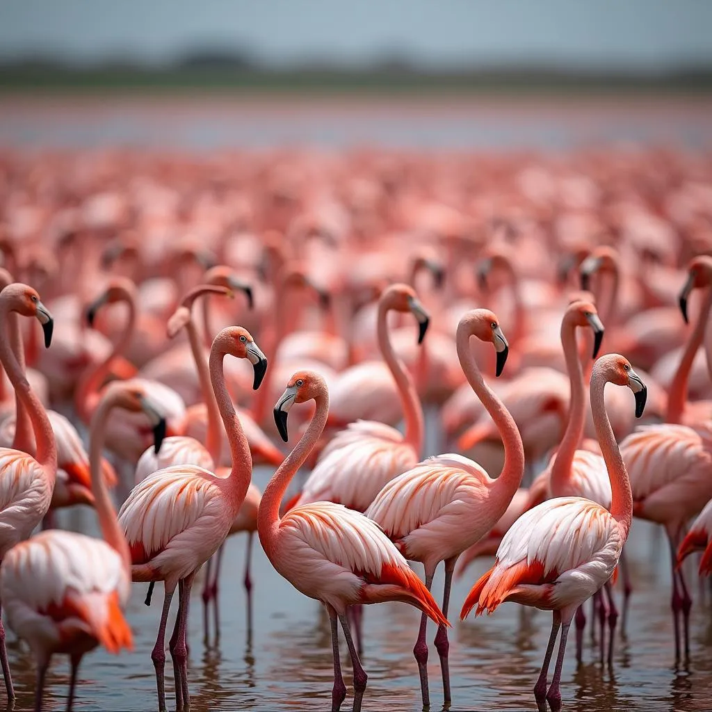 Flock of flamingos with varying shades of pink