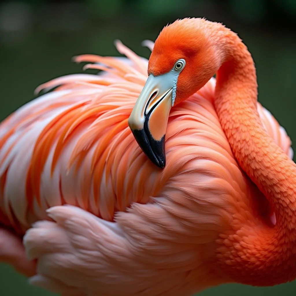 Flamingo molting with pale new feathers