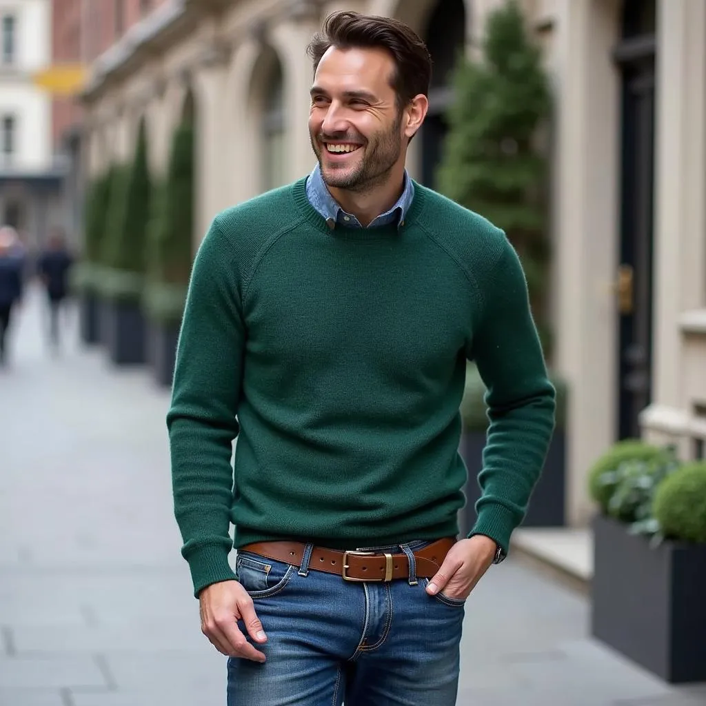 Man in emerald green sweater and jeans