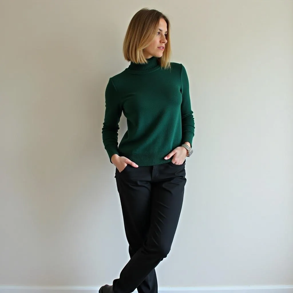 Woman in green sweater and black pants